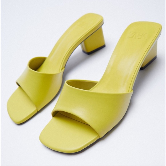 Zara KITTEN BLOCK HEELED MULES LEATHER SANDALS SLIP ON SLIPPERS GREEN 7.5 38 - Picture 3 of 17